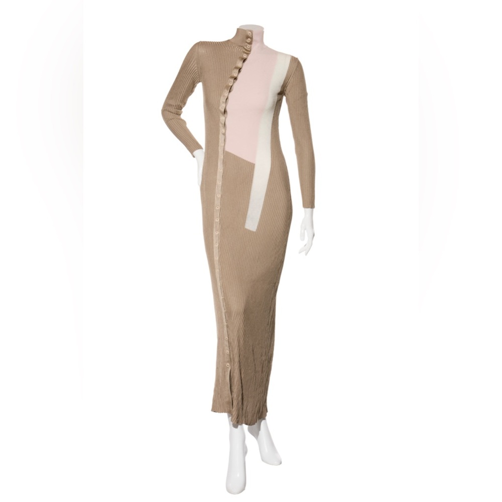 Fendi Silk Ribbed Knit Maxi Dress Beige Pink Ivory IT 40 / US 4